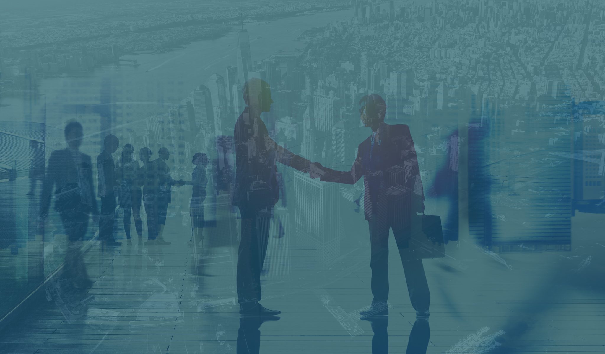 Double exposure image of two men shaking hands