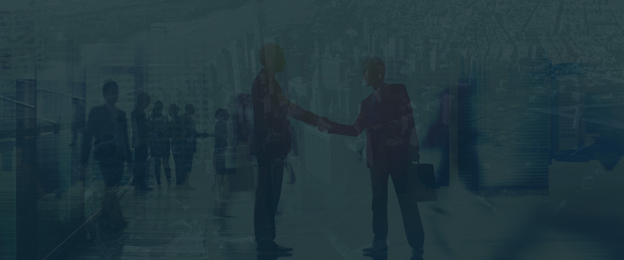 Double exposure image of two men shaking hands