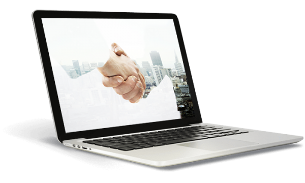 Double exposure image of two people shaking hands